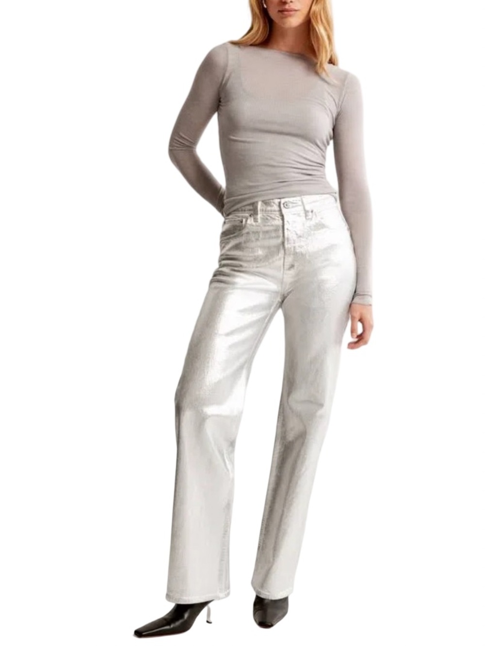 Abercrombie & Fitch 90s Relaxed High Rise Jeans in Metallic Silver 12 NWT